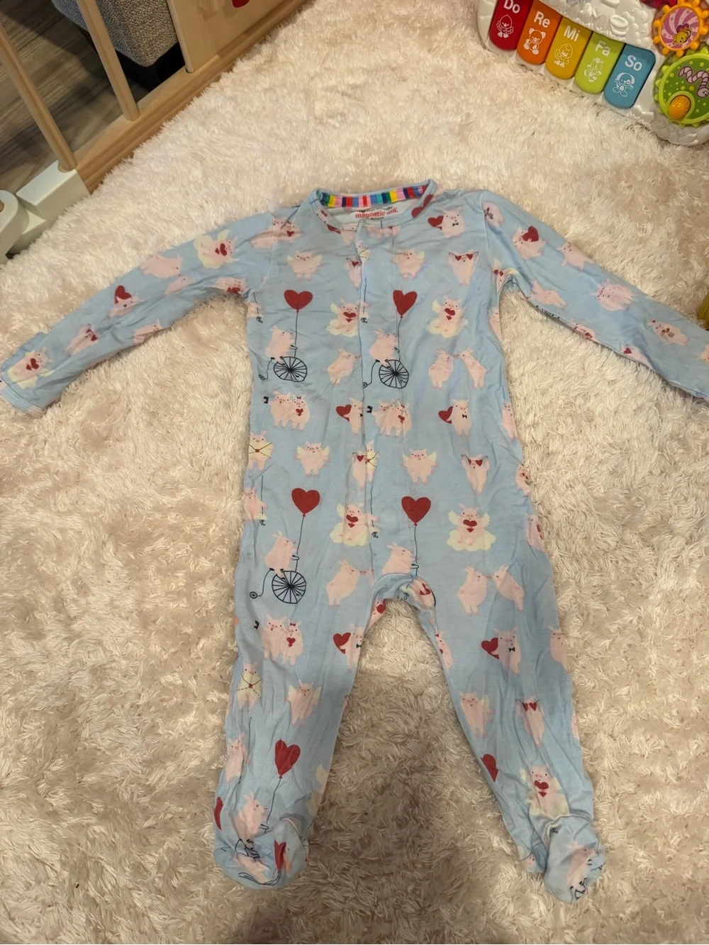 Magnetic Me Footie - Light Blue with Heart & Pig Print